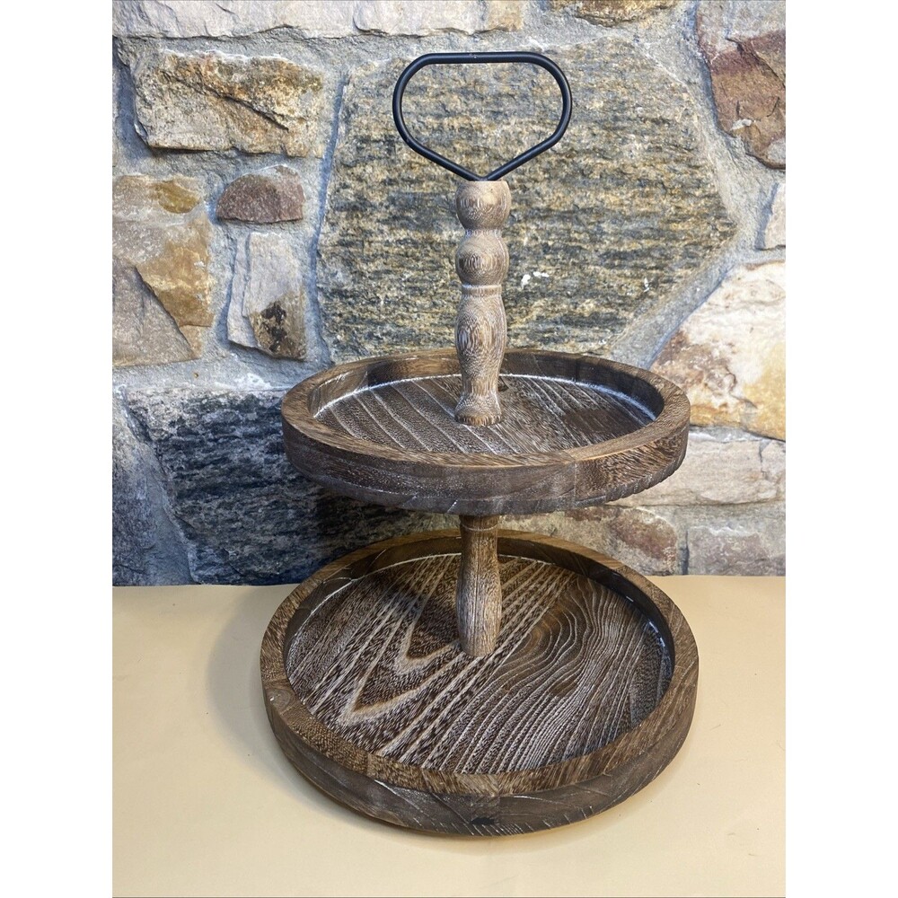 2 Tier Wood Tiered Tray Stand Round Farmhouse Cupcake Holder Coffee Bar Decor